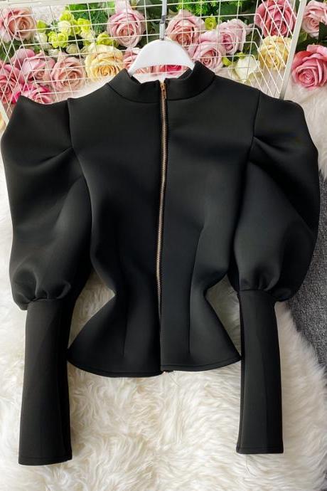 Chic Stand Collar Puff Sleeve Top with Zipper