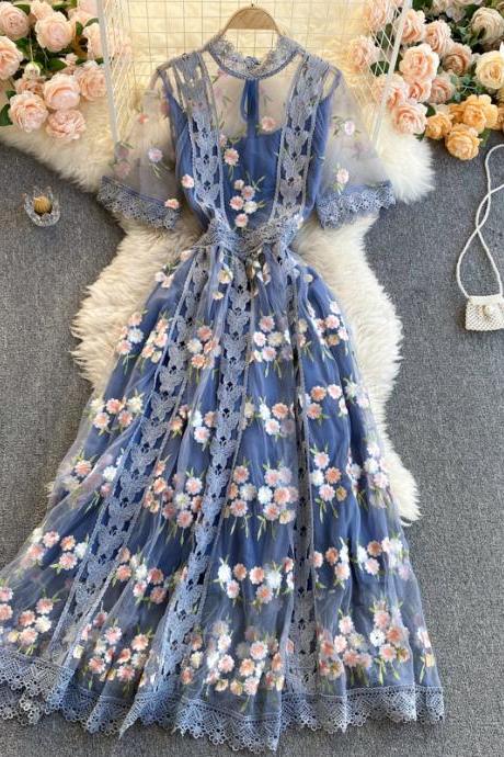 Beautiful Round Neck Lace Floral Embroidery Blue Party Dress