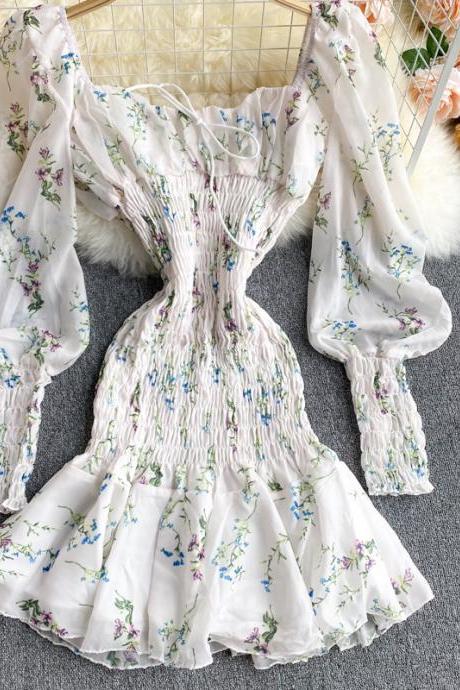 French Retro Long Sleeve Printed Dress