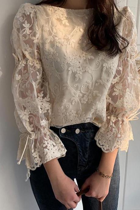 Elegant Flare Sleeve Embroidered Lace Floral Blouse