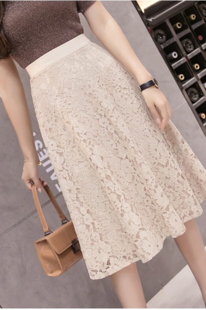 Korean Elegant Lace Skirt High Waist Knee Length