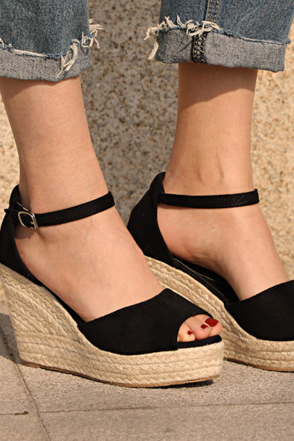 Ankle Strap Straw Shoes Flock
