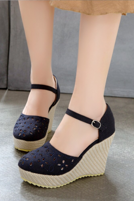 Women Round Toe Wedges Buckle Shoes