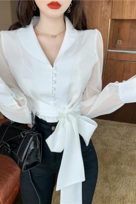 White Bow Long Sleeve Women's Shirt