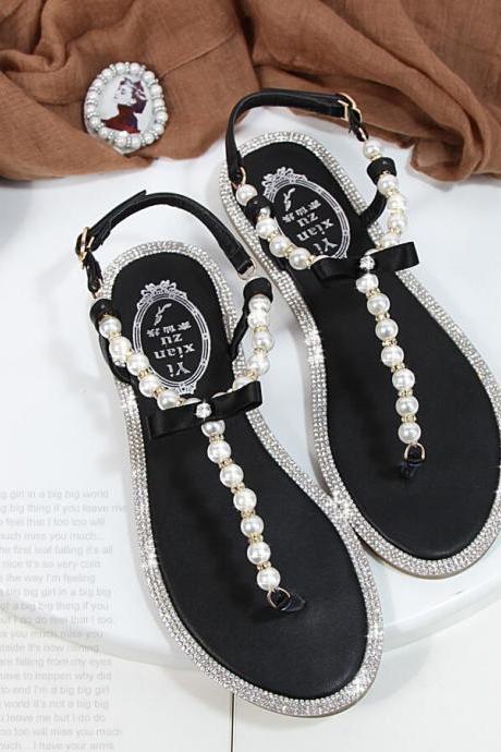 Flat Pearl Sandals Comfortable String 
