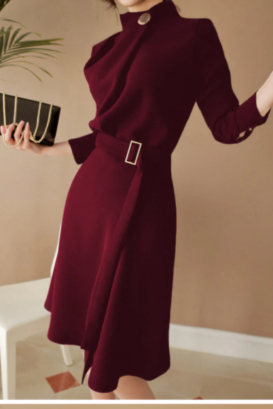 Elegant Button Stand Neck Belted Long Sleeve
