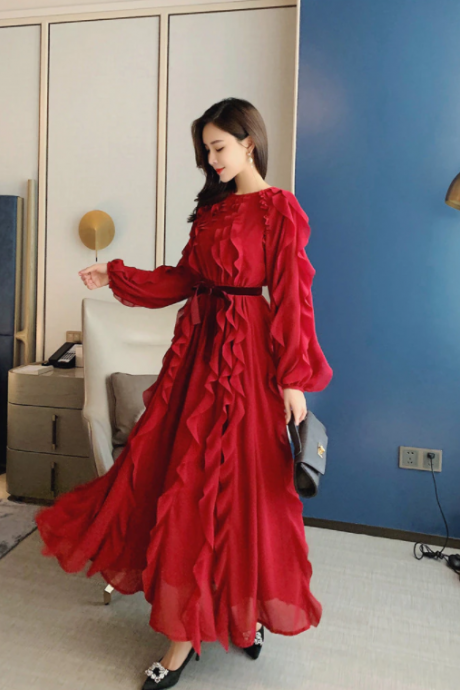 Vintage Wine Red Ruffles Dress