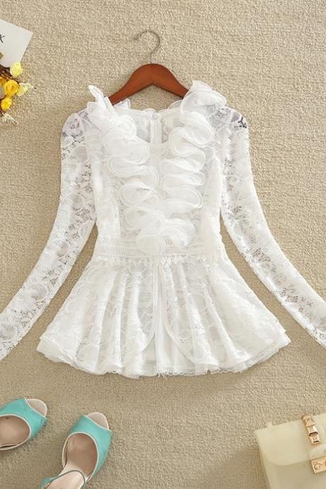  Sweet Floral Lace Shirt Long Sleeve