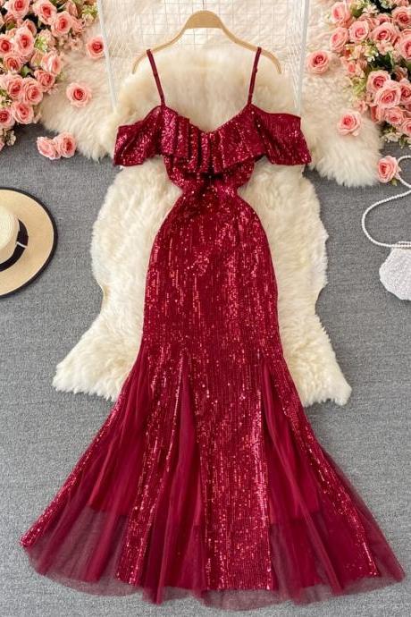 Red Sequined Evening Dress