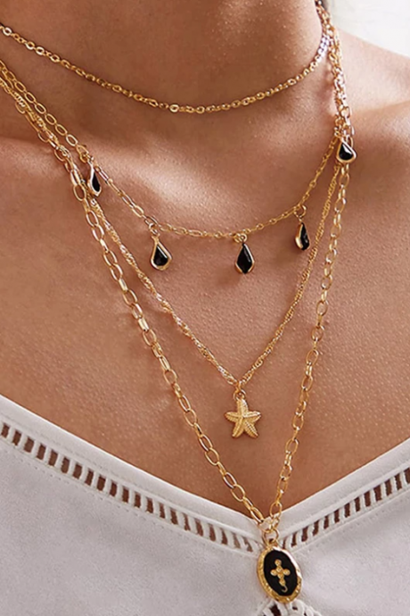 Bohemian Cross Starfish Crystal Pendant Necklace For Women