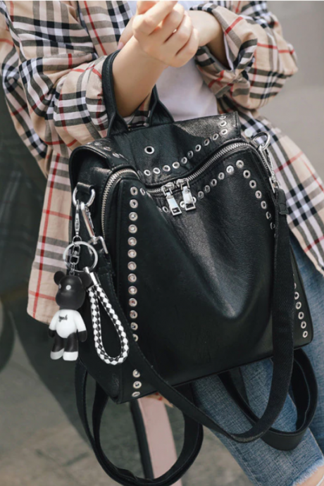 Luxury Women Genuine Leather Backpack Rivet Multifunctional 