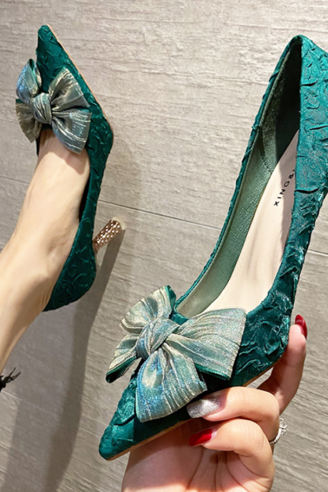 Silk Bowtie High Heels Pumps For Women Sexy Pointed Toe