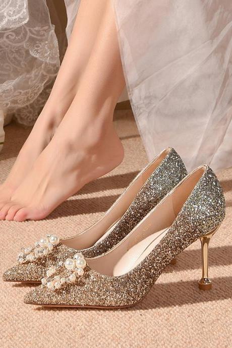 Fashion Glitter Thin Heels Pumps Women Slip-on Elegant Pearl