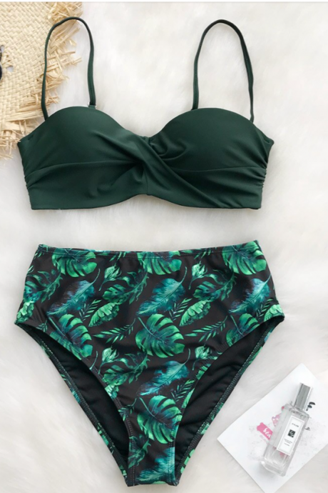 Green Leafy Print Bikini Set Women Heart Neck Push Up High-Waisted