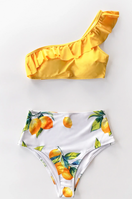 Yellow Lemon Print One Shoulder High-Waisted Bikini Sets Sexy Swimsuit 