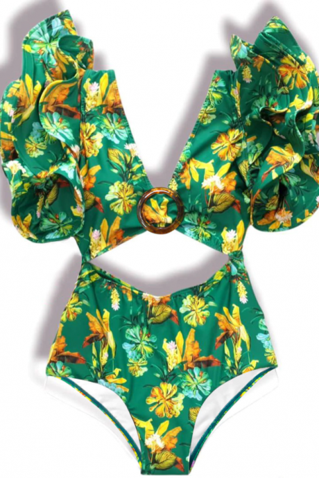Sexy Ruffle Floral Print One Piece Hollow Out Swimwear Women 