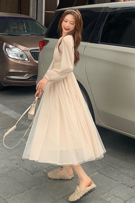 Women Elegant Dress French Solid Long Sleeve Fairy Party Dress
