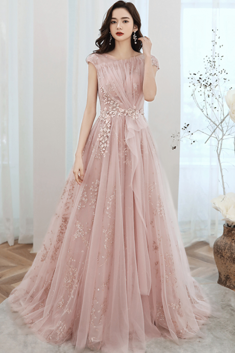 Charming O Neck Lace Apliques Evening Gowns For Women Fashion Short Sleeve
