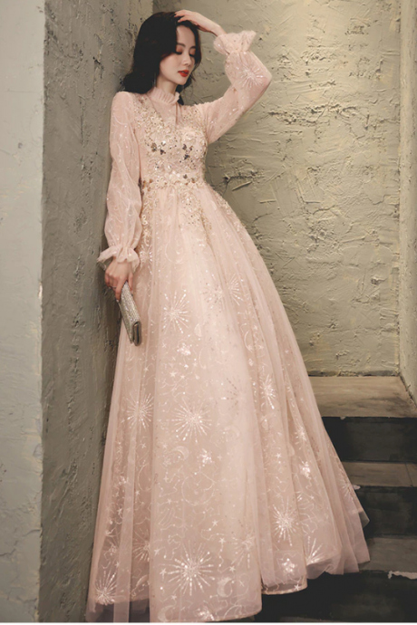 Pink Evening Party Dresses With Long Sleeves Modest High Neck A-line Floor-length