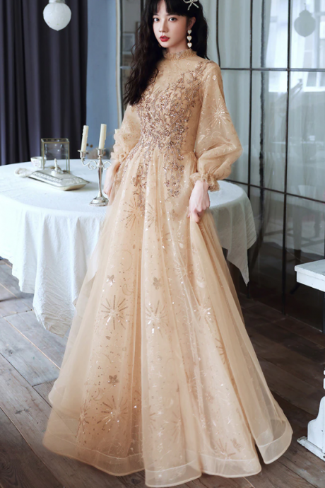 Modest Evening Dresses With Long Sleeves Luxury Appliquies Sequin Tulle 