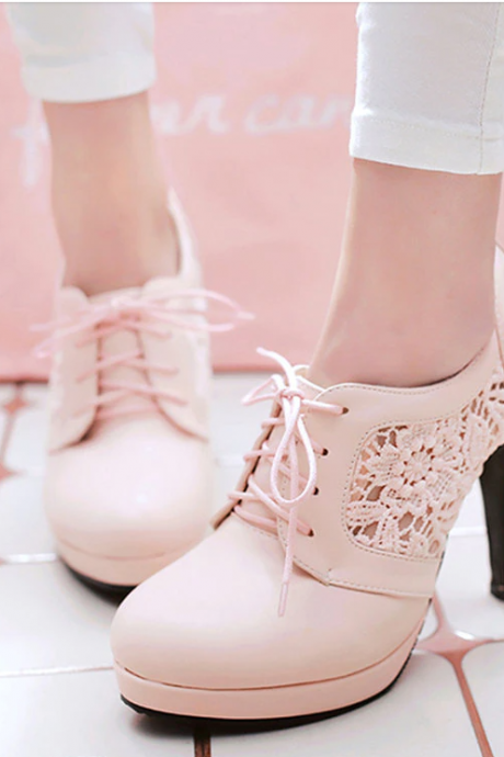 Summer Women Platform Pumps White Pink Embroidery Mesh PU High Spike Heels