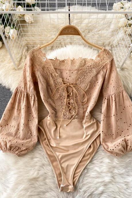 Hollow Lace Rompers V Neck Long Sleeve Bodycon Jumpsuits Sexy Slim Fashion