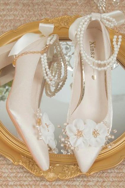 Flowers And Pearls Ankle Strap Wedding Shoes