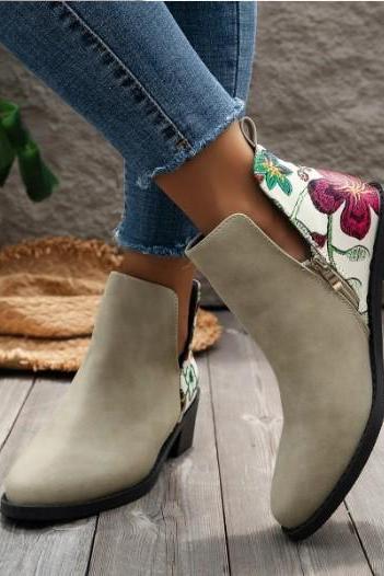 Floral Embroidery Retro Style Ankle Boots