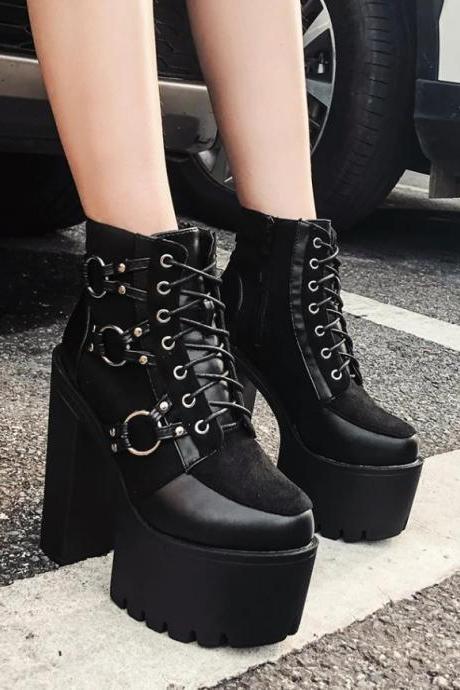Punk Style Black High Heels Boots