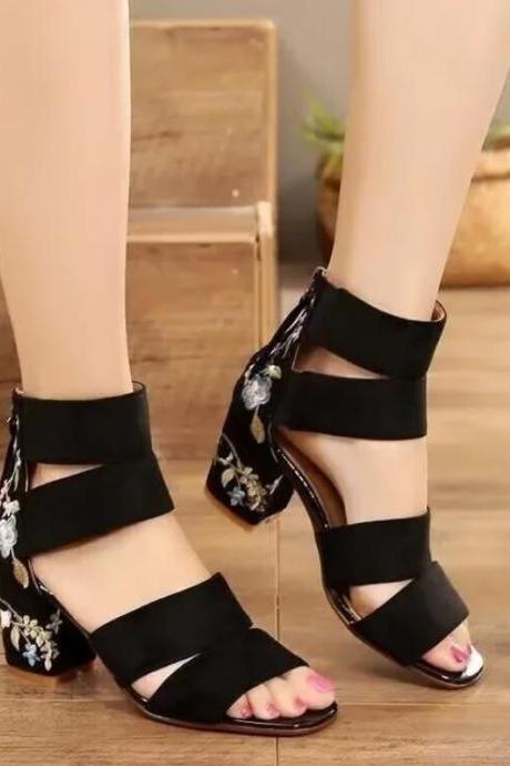 Floral Embroidery Black High Heels Women's Sandals