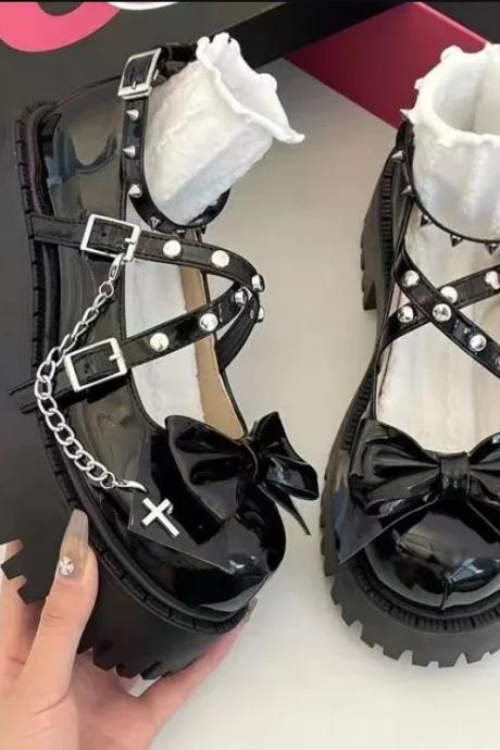 Bow Tie Rivet Chain Black High Heels Shoes