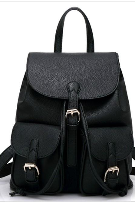 PU Leather Backpack with Two Pockets