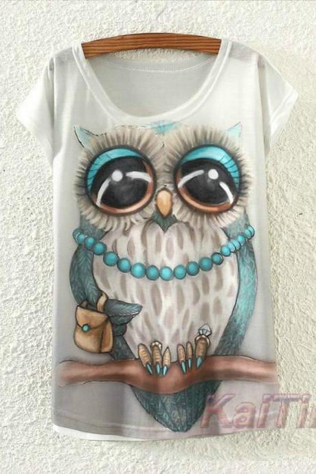 Owl Print White T shirt