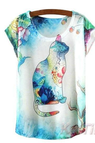 Colorful Cat Print Top