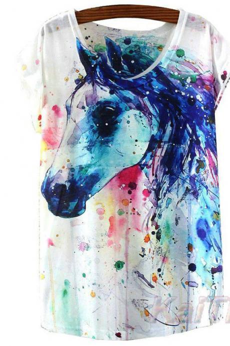 Colorful Horse Print T shirt