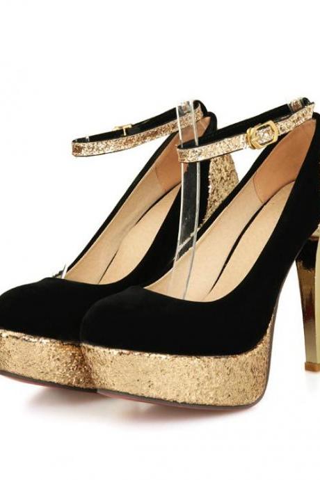 Glittery and Shimmery Rounded Toe High Heel Pumps with Ankle Strap