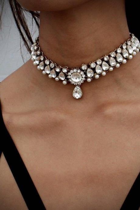 Sparkly Crystal Embellished Statement Choker Necklace