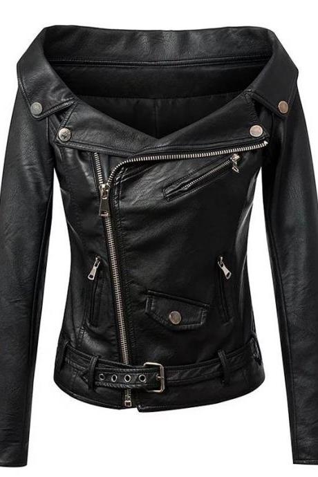 Women's Black Motorcycle Punk Rock PU Leather Jackets