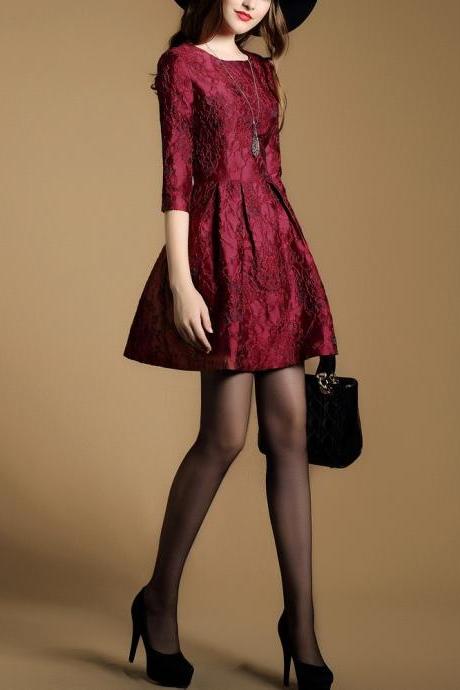 Long Sleeve Round Collar Lace Dress