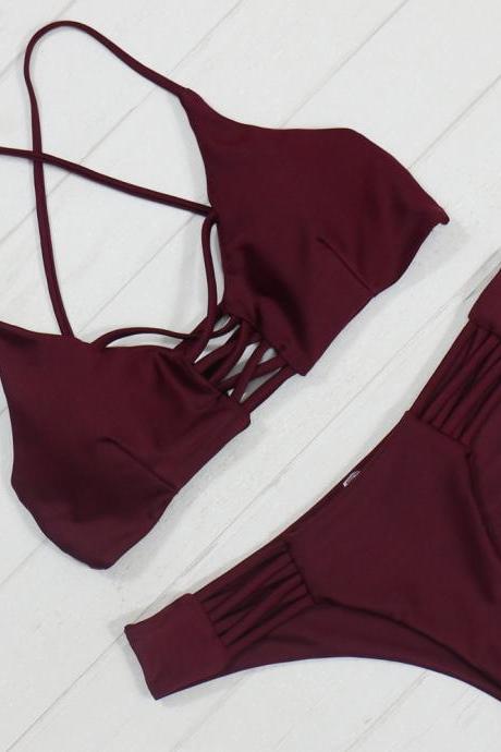 Wine Red caged Back Two Peice Swimsuit