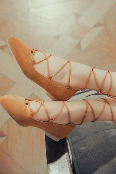 Faux Suede Lace-Up Pointed Toe Flats
