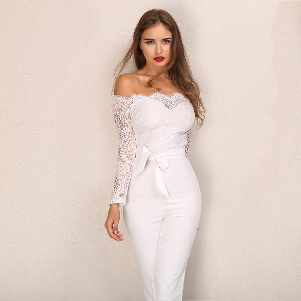 Elegant Off Shoulder Body Con White Lace Jumpsuit on Luulla