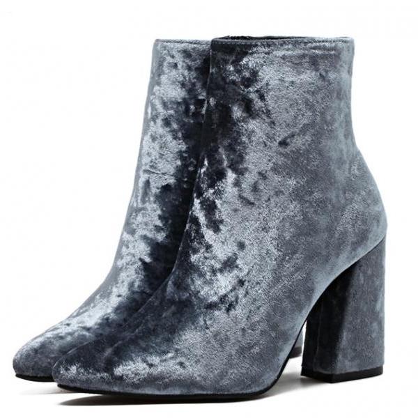 Pointed-toe Velvet Chunky Heel Ankle Boots - Autumn/winter on Luulla