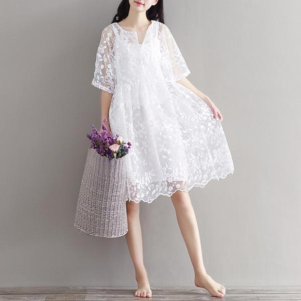 Chiffon And Lace High Waist Beautiful White Lace Dress on Luulla