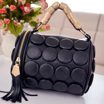 Tassel Embellished Black Leather Bag 