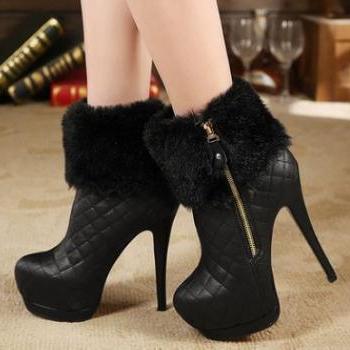 Elegant Faux Fur Black And White High Heel Ankle Boots on Luulla