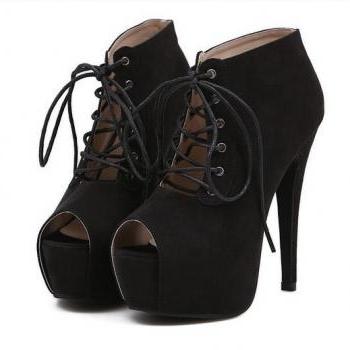 black lace up peep toe heels