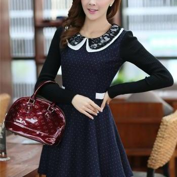 Blue Doll Collar Lace Splice Long Sleeve Dress on Luulla