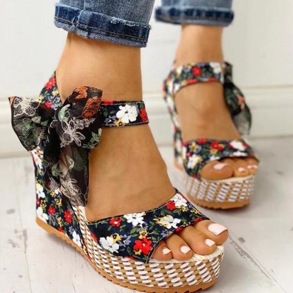 Beautiful Floral Bow Wedge Sandals on Luulla