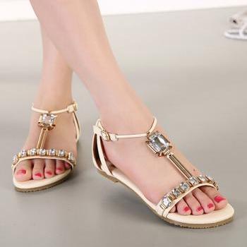 Beaded Peep Toe Flat Fashion Sandals In Metallic Gold on Luulla